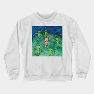 frogs dancing around a cat cottagecore meme watercolor illustration Crewneck Sweatshirt